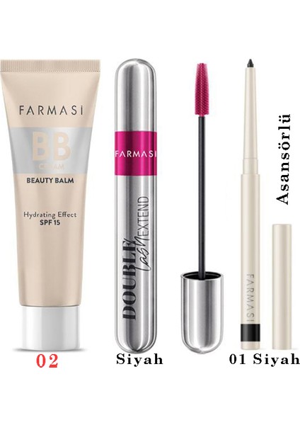 BB Krem 02 30ml Double Lash Maskara 12ml Asansörlü Göz Kalemi 01 Siyah Trend Paket