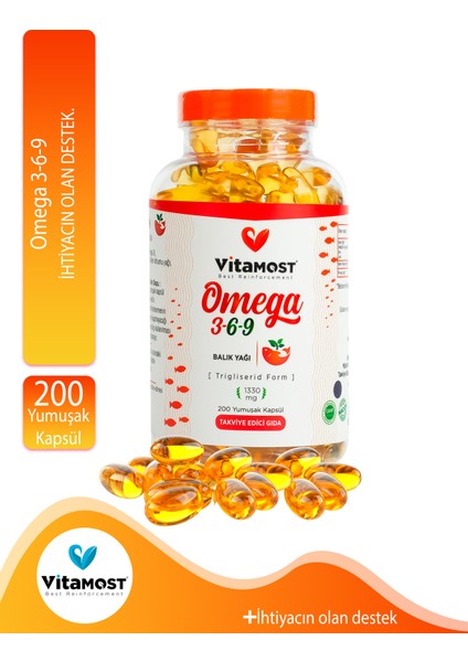 Omega 3 - 6 - 9 - 200 Kapsül 1330 mg (Omega3, Fish Oil, Balık Yağı)