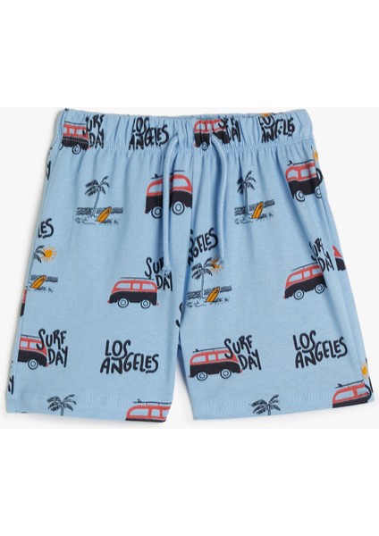 Şort Beli Bağlamalı Lastikli Araba Baskılı Cepli Pamuklu