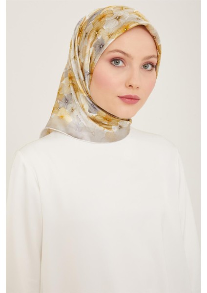 Çiçek Desenli Twill İpek Eşarp 24Ya9108 83 34