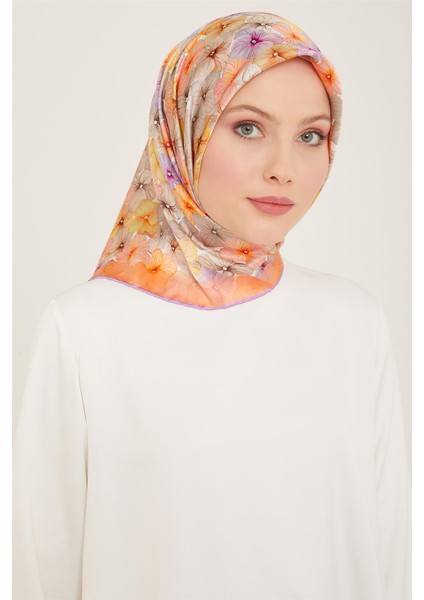 Çiçek Desenli Twill İpek Eşarp 24Ya9108 83 35