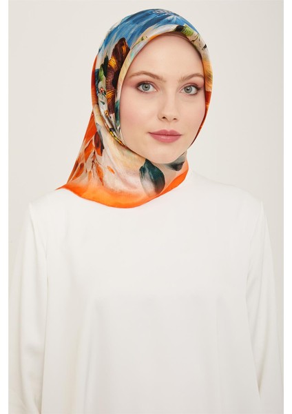 Çiçek Desenli Twill İpek Eşarp 24Ya9133 36 35