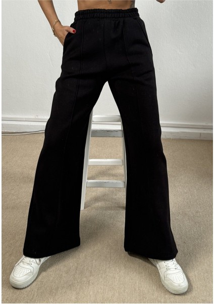 Siyah Geniş Kesim Beli Lastikli Şardonlu Eşortman Altı 26237