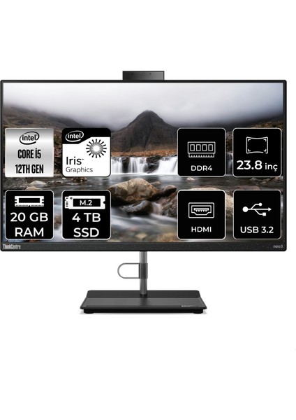 Thinkcentre Neo 30A Intel Core I5 1240P 20GB 4tb SSD 23.8" Fhd Fdos All In One Bilgisayar 12B0002CTX 12B0002CTXP320