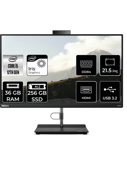 Thinkcentre Neo 30A Intel Core I5 1235U 36GB 256GB SSD 21.5" Fhd Fdos All In One Bilgisayar 12B3003RTX 12B3003RTXP331