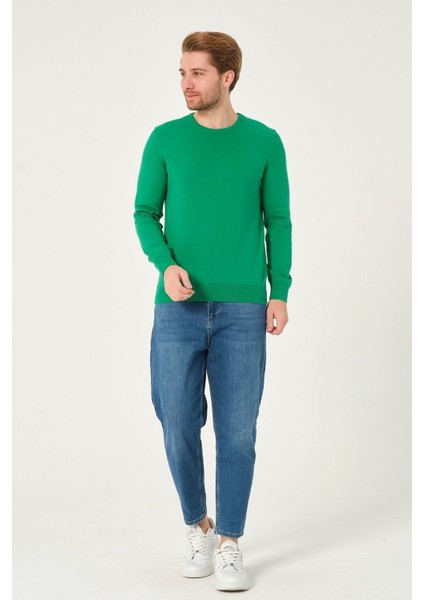 Erkek %100 Pamuk Düz Triko Kazak Bisiklet Yaka Tüylenmeyen Standart Fit Normal Kesim Yeşil fiyatları