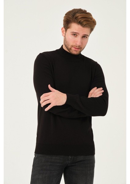 Erkek %100 Pamuk Düz Triko Kazak Yarım Balıkçı Yaka Standart Fit Normal Kesim Siyah fiyatları