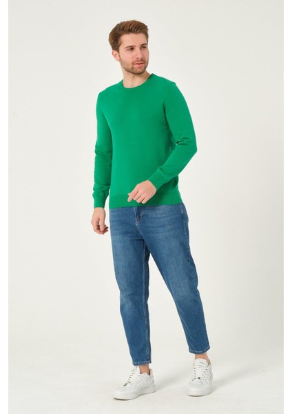 Erkek %100 Pamuk Düz Triko Kazak Bisiklet Yaka Tüylenmeyen Standart Fit Normal Kesim Yeşil modelleri