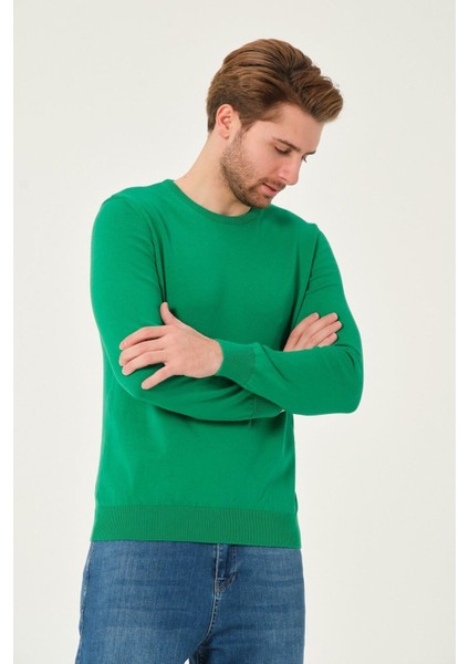 Erkek %100 Pamuk Düz Triko Kazak Bisiklet Yaka Tüylenmeyen Standart Fit Normal Kesim Yeşil fırsatları