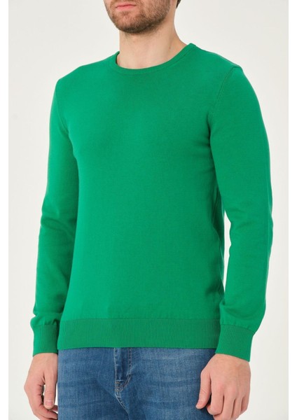 Erkek %100 Pamuk Düz Triko Kazak Bisiklet Yaka Tüylenmeyen Standart Fit Normal Kesim Yeşil indirimleri