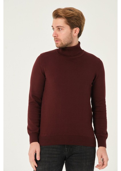 Erkek %100 Pamuk Düz Triko Kazak Balıkçı Yaka Standart Fit Normal Kesim Bordo