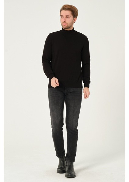 Erkek %100 Pamuk Düz Triko Kazak Yarım Balıkçı Yaka Standart Fit Normal Kesim Siyah modelleri