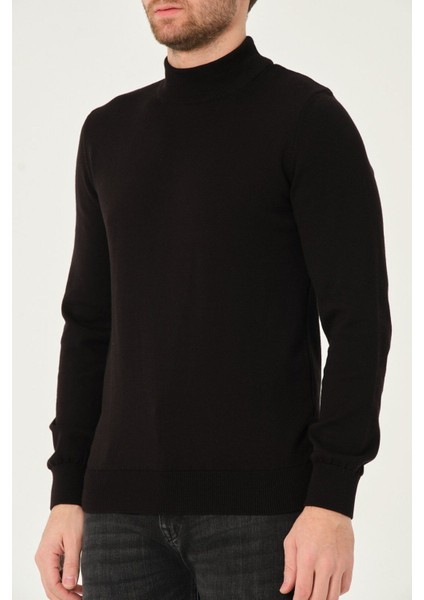 Erkek %100 Pamuk Düz Triko Kazak Yarım Balıkçı Yaka Standart Fit Normal Kesim Siyah indirimleri