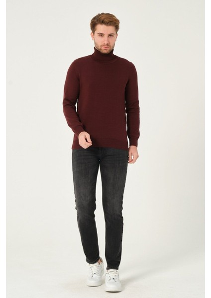 Erkek %100 Pamuk Düz Triko Kazak Balıkçı Yaka Standart Fit Normal Kesim Bordo fiyatları