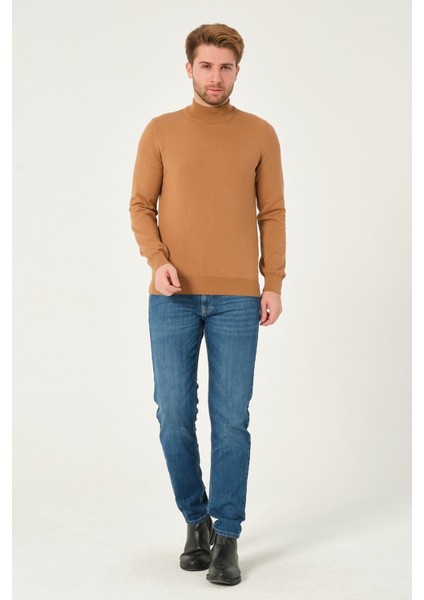 Erkek %100 Pamuk Düz Triko Kazak Yarım Balıkçı Yaka Standart Fit Normal Kesim Karamel fiyatları