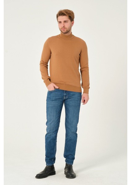 Erkek %100 Pamuk Düz Triko Kazak Yarım Balıkçı Yaka Standart Fit Normal Kesim Karamel modelleri