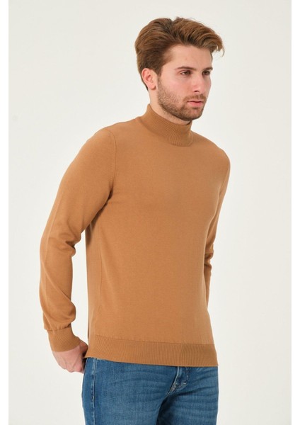 Erkek %100 Pamuk Düz Triko Kazak Yarım Balıkçı Yaka Standart Fit Normal Kesim Karamel fırsatları