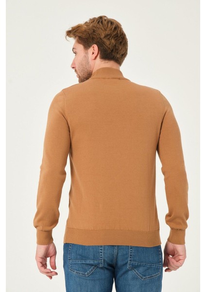 Erkek %100 Pamuk Düz Triko Kazak Yarım Balıkçı Yaka Standart Fit Normal Kesim Karamel indirimleri