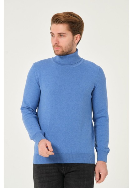 Erkek Pamuk Düz Triko Kazak Balıkçı Yaka Standart Fit Normal Kesim Koyu Mavi