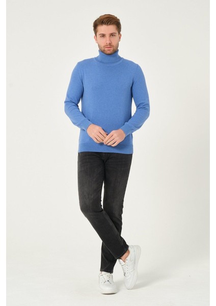 Erkek Pamuk Düz Triko Kazak Balıkçı Yaka Standart Fit Normal Kesim Koyu Mavi fiyatları