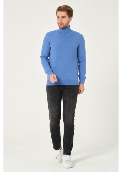 Erkek Pamuk Düz Triko Kazak Balıkçı Yaka Standart Fit Normal Kesim Koyu Mavi modelleri