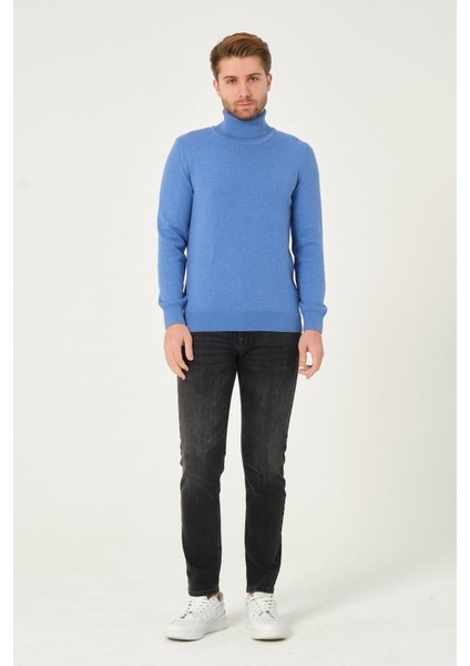 Erkek Pamuk Düz Triko Kazak Balıkçı Yaka Standart Fit Normal Kesim Koyu Mavi fırsatları