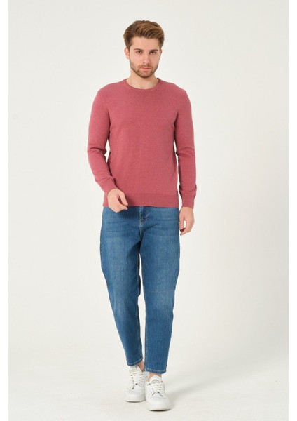 Erkek %100 Pamuk Düz Triko Kazak Bisiklet Yaka Tüylenmeyen Standart Fit Normal Kesim Gül Kurusu fiyatları