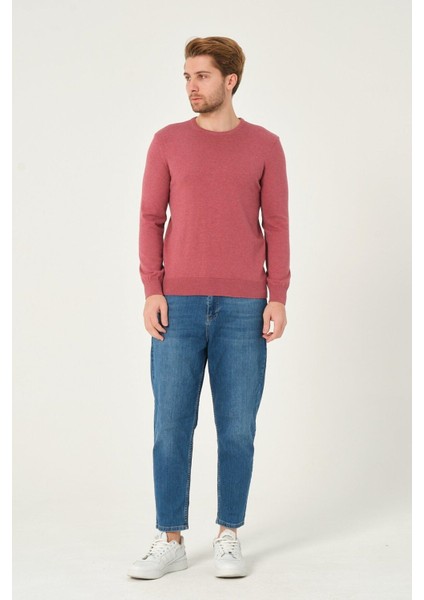 Erkek %100 Pamuk Düz Triko Kazak Bisiklet Yaka Tüylenmeyen Standart Fit Normal Kesim Gül Kurusu modelleri