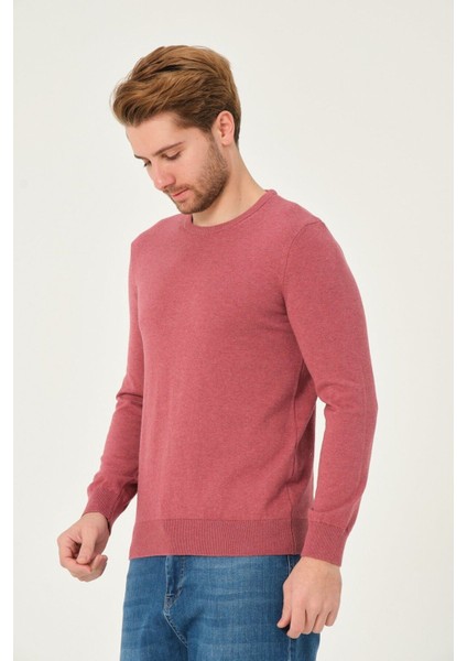 Erkek %100 Pamuk Düz Triko Kazak Bisiklet Yaka Tüylenmeyen Standart Fit Normal Kesim Gül Kurusu fırsatları