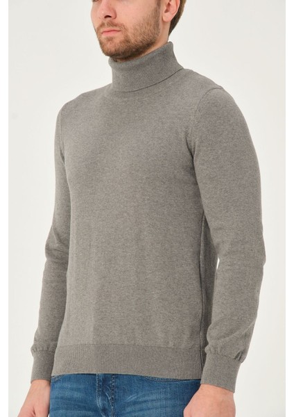 Erkek %100 Pamuk Düz Triko Kazak Balıkçı Yaka Standart Fit Normal Kesim O. Gri