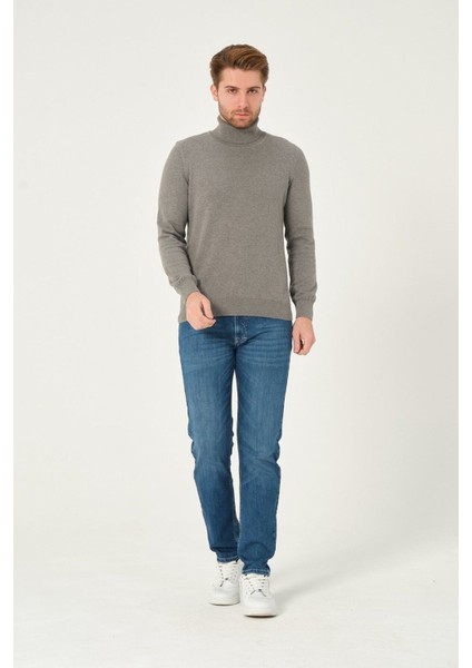 Erkek %100 Pamuk Düz Triko Kazak Balıkçı Yaka Standart Fit Normal Kesim O. Gri fiyatları