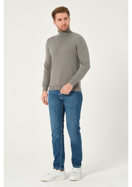 Erkek %100 Pamuk Düz Triko Kazak Balıkçı Yaka Standart Fit Normal Kesim O. Gri fırsatları