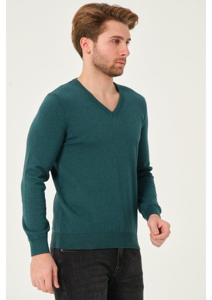 Erkek %100 Pamuk Düz Triko Kazak V Yaka Tüylenmeyen Standart Fit Normal Kesim Petrol Yeşili