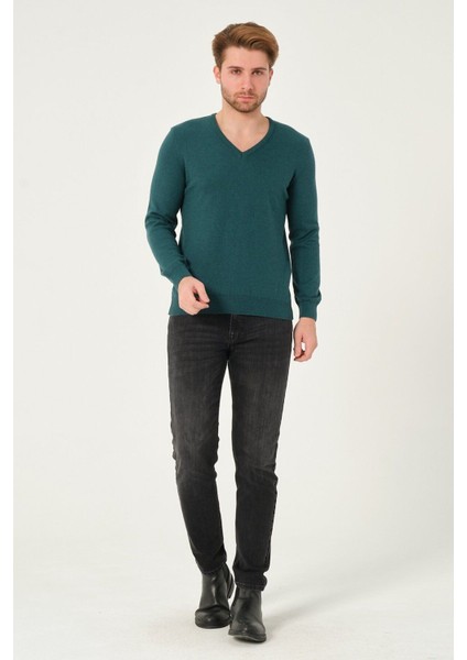 Erkek %100 Pamuk Düz Triko Kazak V Yaka Tüylenmeyen Standart Fit Normal Kesim Petrol Yeşili fiyatları