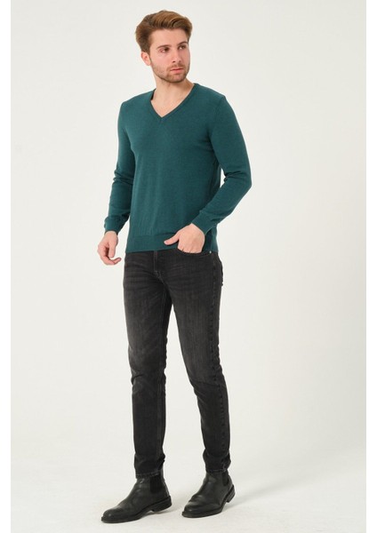 Erkek %100 Pamuk Düz Triko Kazak V Yaka Tüylenmeyen Standart Fit Normal Kesim Petrol Yeşili modelleri