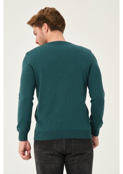 Erkek %100 Pamuk Düz Triko Kazak V Yaka Tüylenmeyen Standart Fit Normal Kesim Petrol Yeşili indirimleri