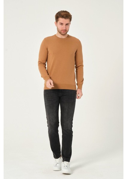 Erkek %100 Pamuk Düz Triko Kazak Bisiklet Yaka Tüylenmeyen Standart Fit Normal Kesim Karamel fiyatları