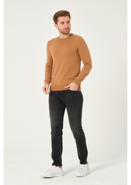 Erkek %100 Pamuk Düz Triko Kazak Bisiklet Yaka Tüylenmeyen Standart Fit Normal Kesim Karamel modelleri