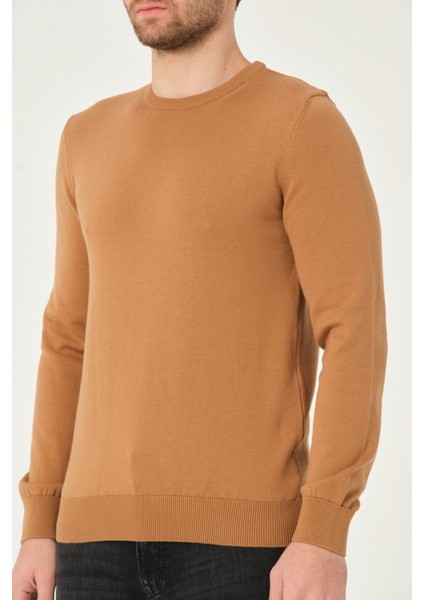 Erkek %100 Pamuk Düz Triko Kazak Bisiklet Yaka Tüylenmeyen Standart Fit Normal Kesim Karamel indirimleri