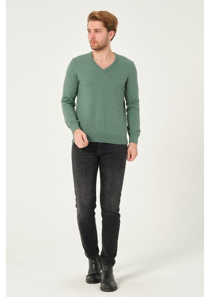 Erkek %100 Pamuk Düz Triko Kazak V Yaka Tüylenmeyen Standart Fit Normal Kesim Yeşil Melanj fiyatları