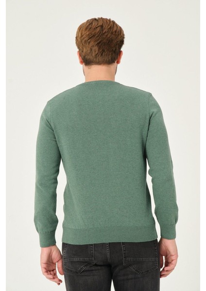 Erkek %100 Pamuk Düz Triko Kazak V Yaka Tüylenmeyen Standart Fit Normal Kesim Yeşil Melanj indirimleri