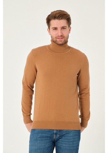 Erkek %100 Pamuk Düz Triko Kazak Balıkçı Yaka Standart Fit Normal Kesim Karamel