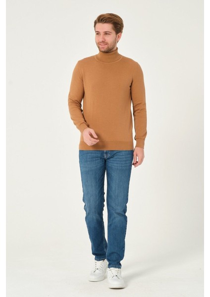 Erkek %100 Pamuk Düz Triko Kazak Balıkçı Yaka Standart Fit Normal Kesim Karamel fiyatları