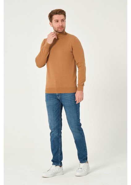 Erkek %100 Pamuk Düz Triko Kazak Balıkçı Yaka Standart Fit Normal Kesim Karamel modelleri