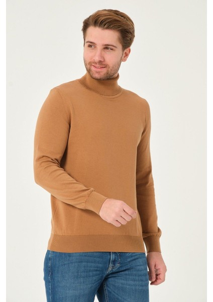 Erkek %100 Pamuk Düz Triko Kazak Balıkçı Yaka Standart Fit Normal Kesim Karamel indirimleri