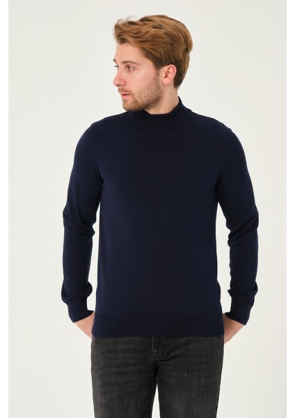 Erkek %100 Pamuk Düz Triko Kazak Yarım Balıkçı Yaka Standart Fit Normal Kesim Lacivert