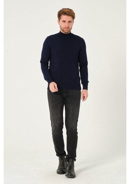 Erkek %100 Pamuk Düz Triko Kazak Yarım Balıkçı Yaka Standart Fit Normal Kesim Lacivert fiyatları