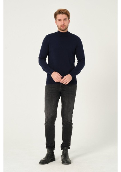 Erkek %100 Pamuk Düz Triko Kazak Yarım Balıkçı Yaka Standart Fit Normal Kesim Lacivert modelleri