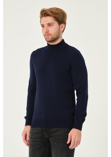 Erkek %100 Pamuk Düz Triko Kazak Yarım Balıkçı Yaka Standart Fit Normal Kesim Lacivert fırsatları