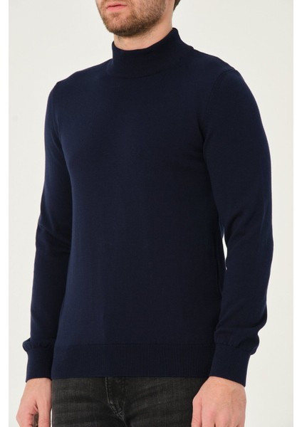 Erkek %100 Pamuk Düz Triko Kazak Yarım Balıkçı Yaka Standart Fit Normal Kesim Lacivert indirimleri